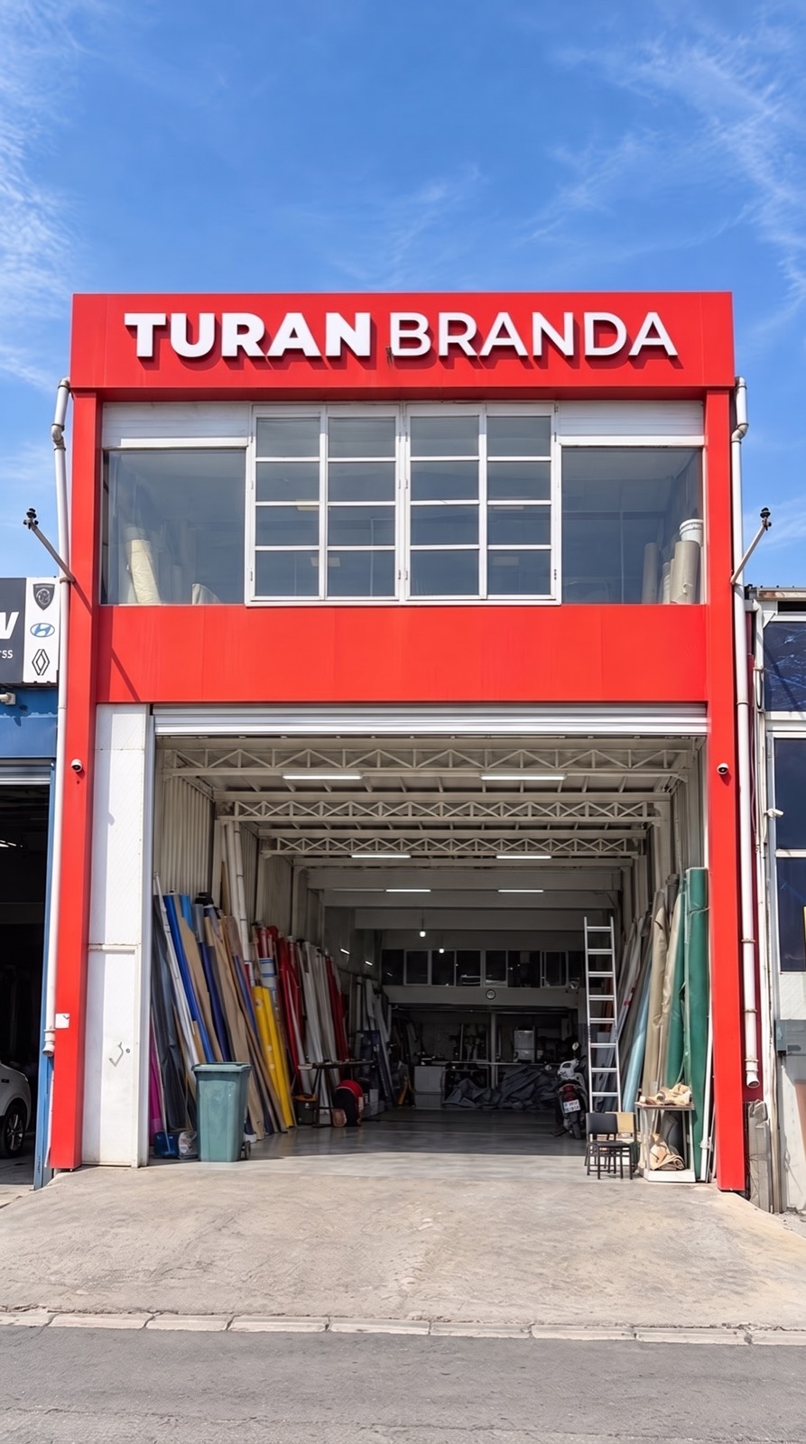 Turan Branda'nın Yeşil Antalya Sanayi Sitesi'ndeki kırmızı cepheli atölyesi